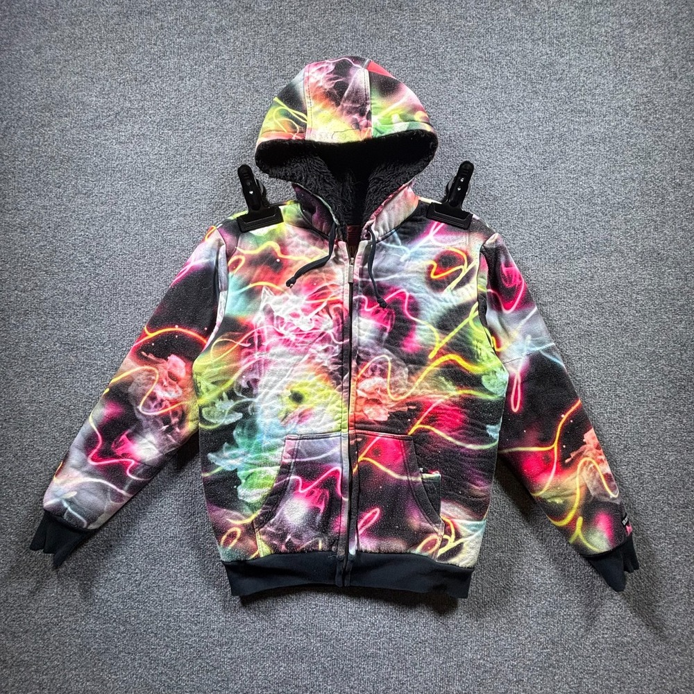 Burton Hoodie Men's M Black Sherpa-Lined Rainbow Light Camo Winter Travel Zip-Up